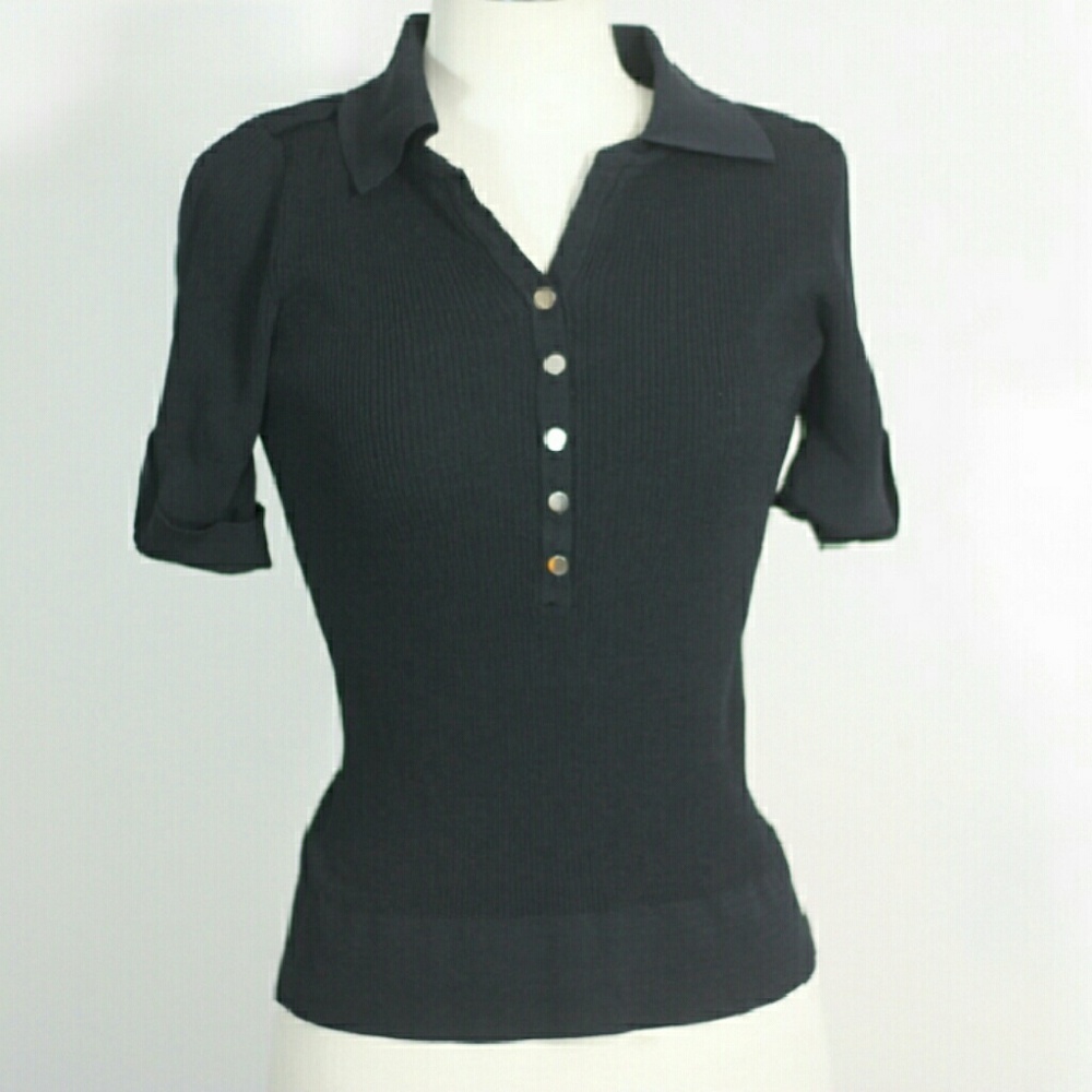 White House Black Market Black Collared Knit Polo Top